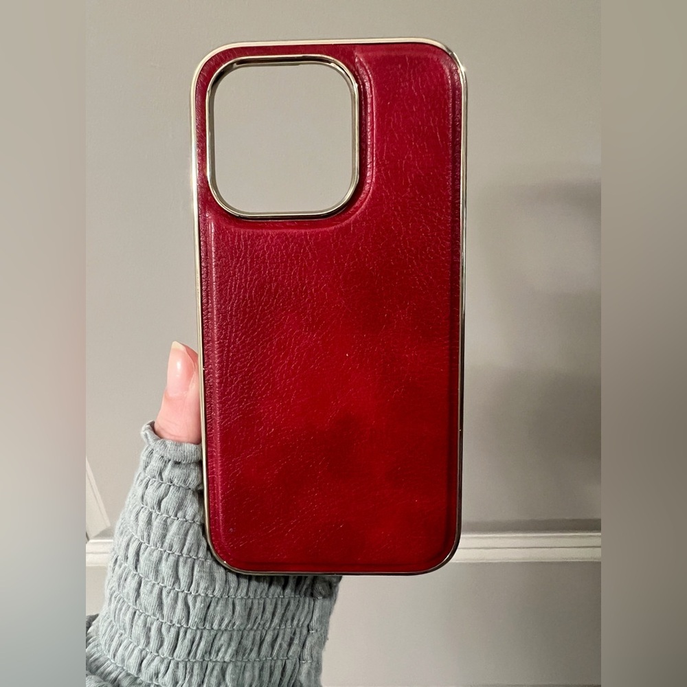 Red & Gold Luxury Faux Leather Case for iPhone 15 Pro | Elegant & Durable Design